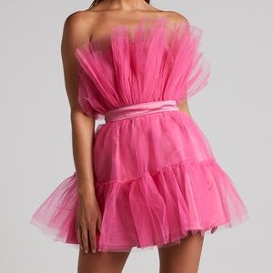 SHOWPO AMALYA MINI DRESS - TIERED TULLE FIT AND FLARE DRESS IN HOT PINK